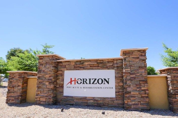 A stone sign displaying 'Horizon', set against a clear blue sky.