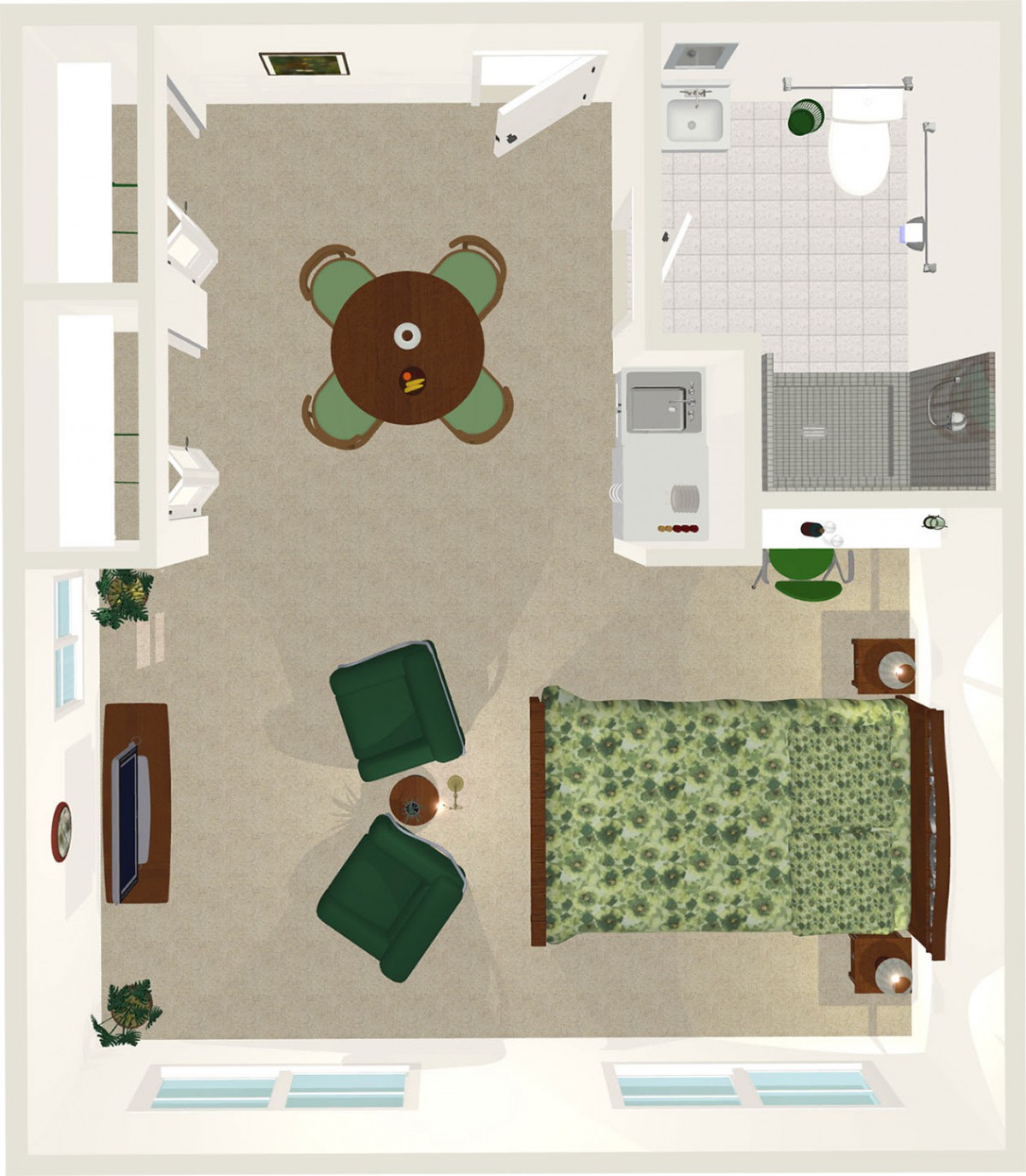 This image shows a top-down view of a bedroom floor plan featuring a green color scheme, with furniture including a bed, chairs, and tables.