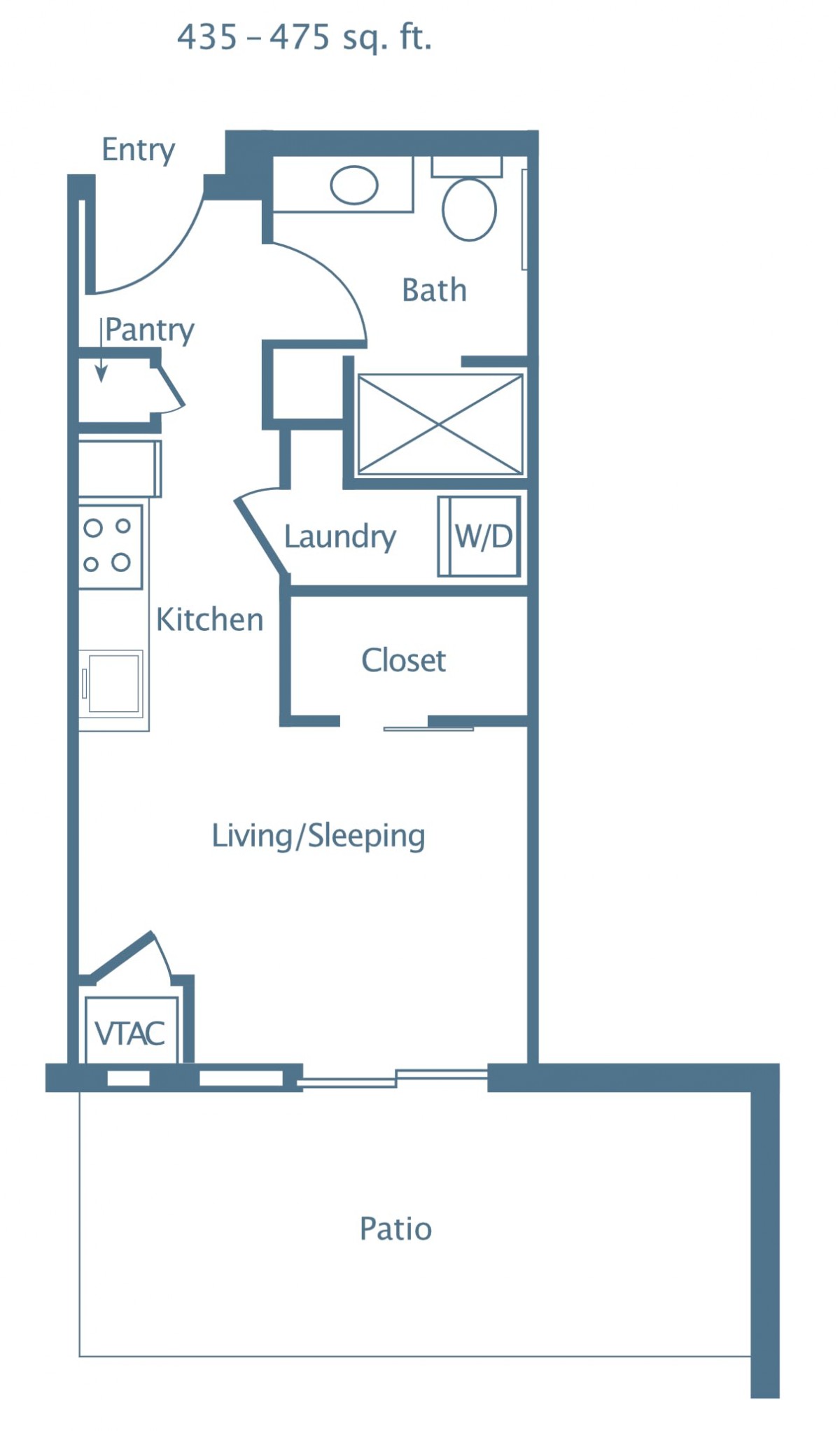 Studio apartment floor plan featuring a kitchen, living/sleeping area, and laundry amenities.