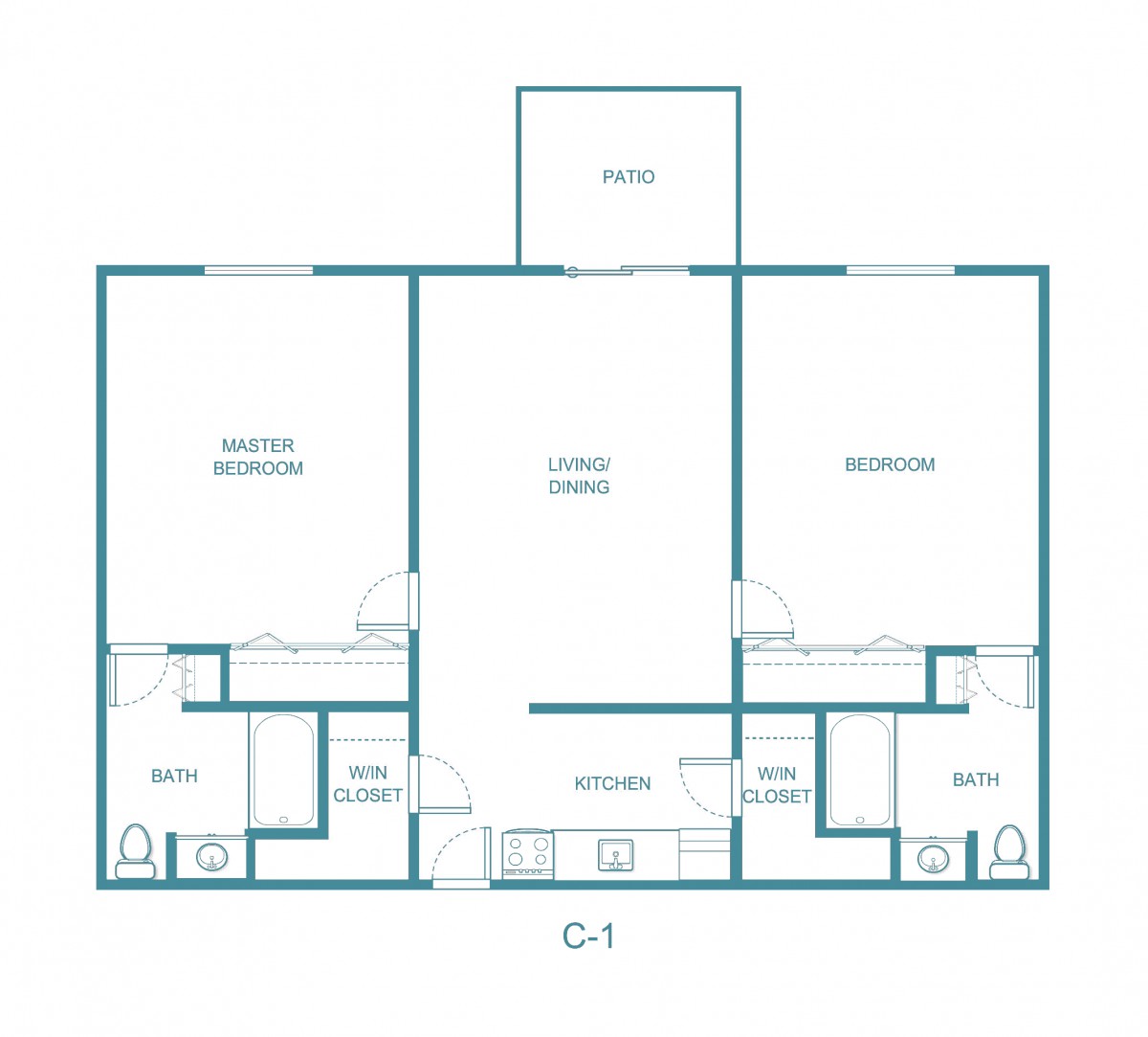 This image is a floor plan of a two-bedroom apartment featuring a living room, kitchen, two bathrooms, and a balcony.