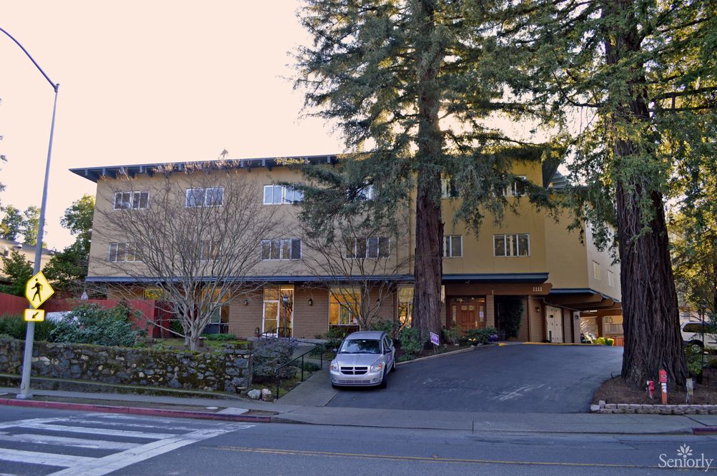 A view of a building's exterior with a car parked in the driveway, surrounded by trees.