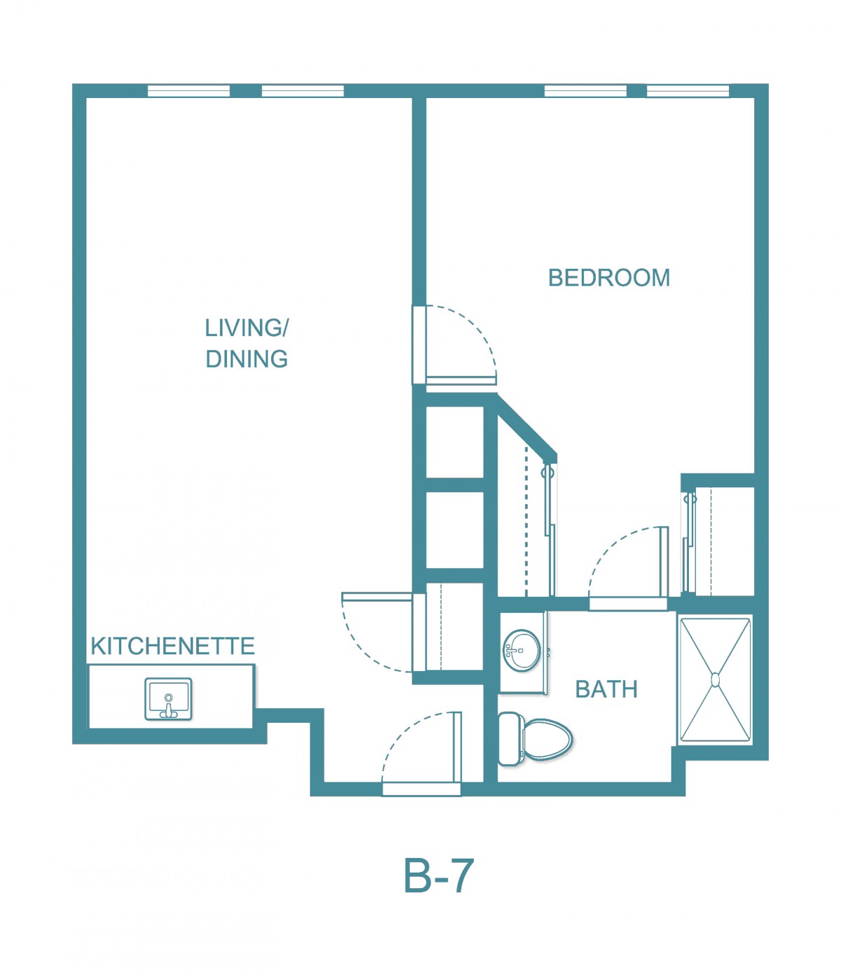 A simple floor plan labeled B-7, featuring a living/dining area, kitchenette, bedroom, and bathroom.