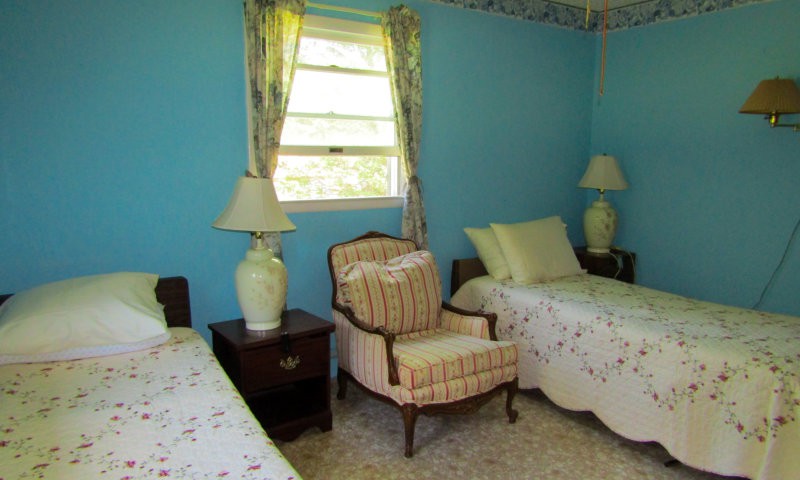 A cozy bedroom with twin beds, blue walls, and elegant furnishings.