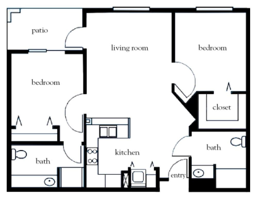 Floor plan of a two-bedroom apartment with a living room, kitchen, two bathrooms, and a patio.