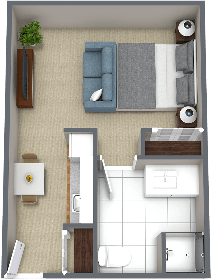 A small apartment floor plan featuring a bedroom, living area, and kitchen.