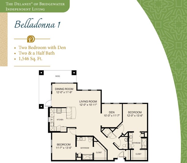 A floor plan of a two-bedroom apartment in the Belladonna community, featuring 1,219 sq. ft. with two full baths and a patio/balcony.