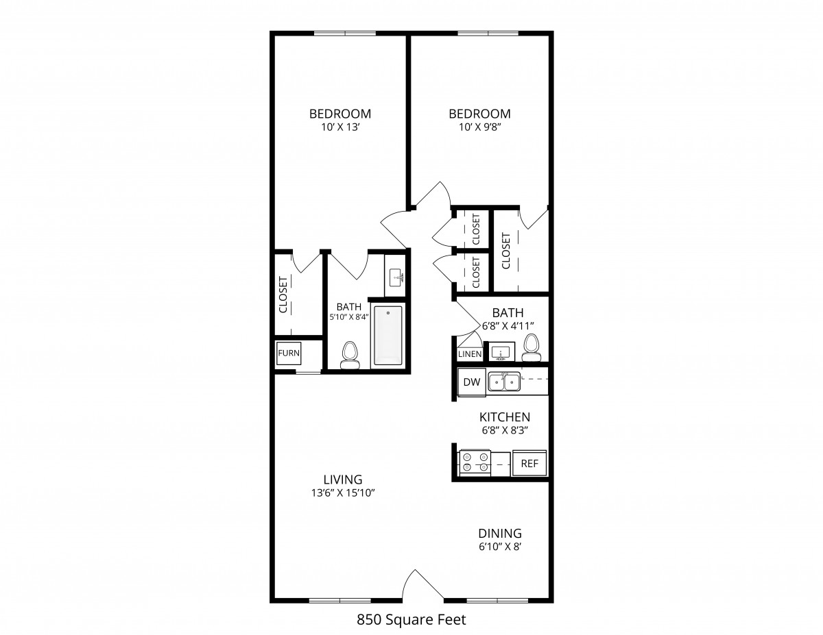 A floor plan of an 800 square foot apartment with two bedrooms.