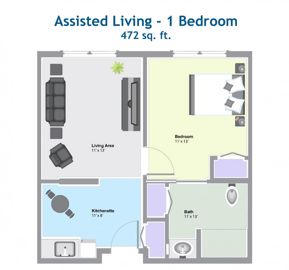 Floor plan of a 1-bedroom assisted living apartment measuring 472 square feet.