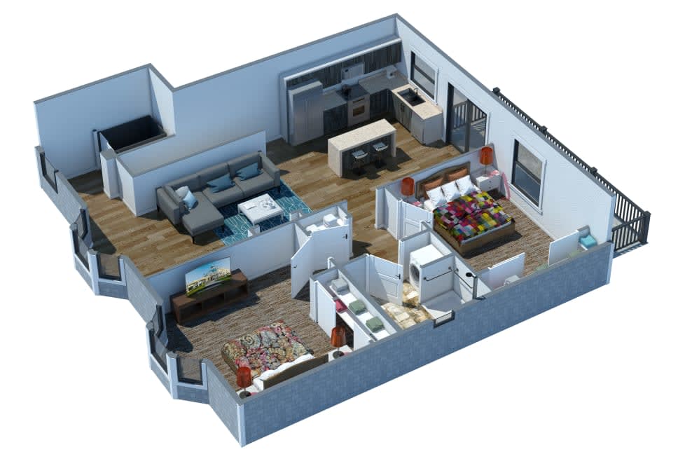 A 3D model of a modern apartment floor plan featuring a living room, kitchen, bedroom, and bathroom.