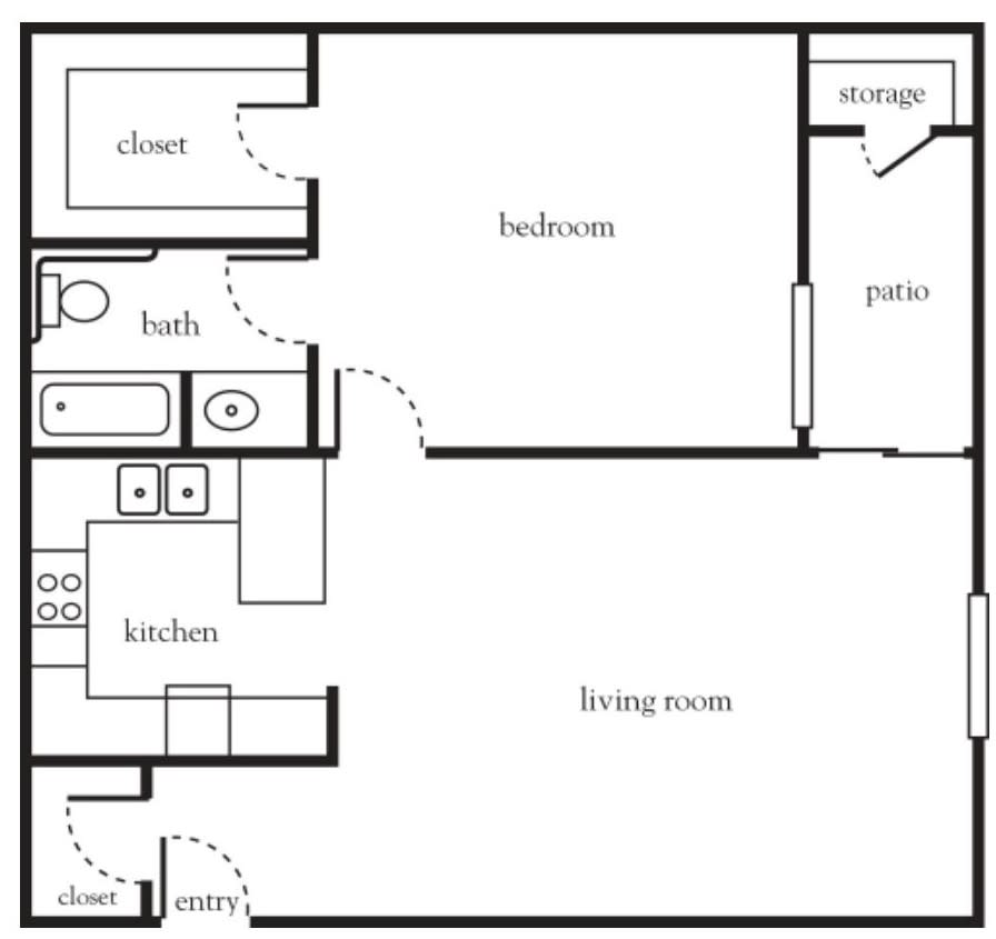 A floor plan of a one-bedroom apartment with a living room, kitchen, bathroom, closet, patio, and storage area.