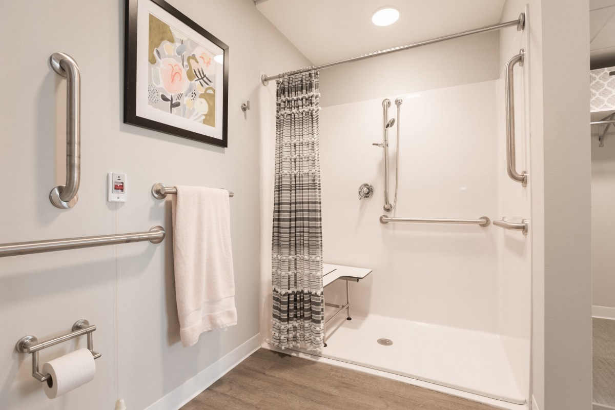 A modern and accessible bathroom with a spacious shower, grab bars, and stylish decor.