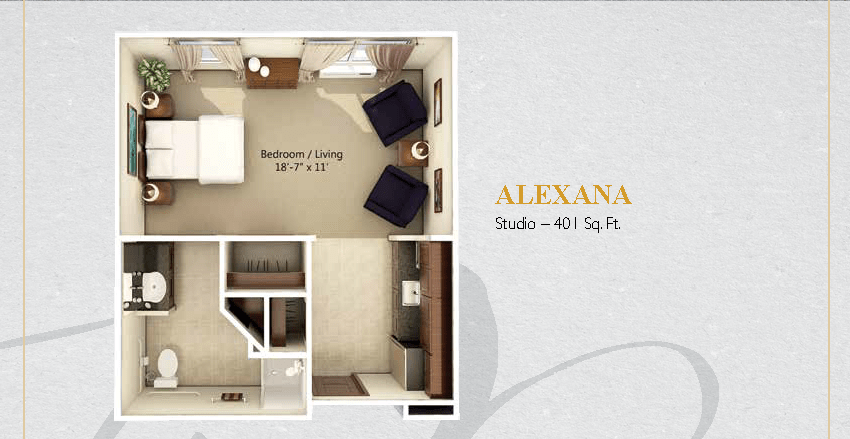 A floor plan of a studio apartment named Alexana, covering 401 square feet.