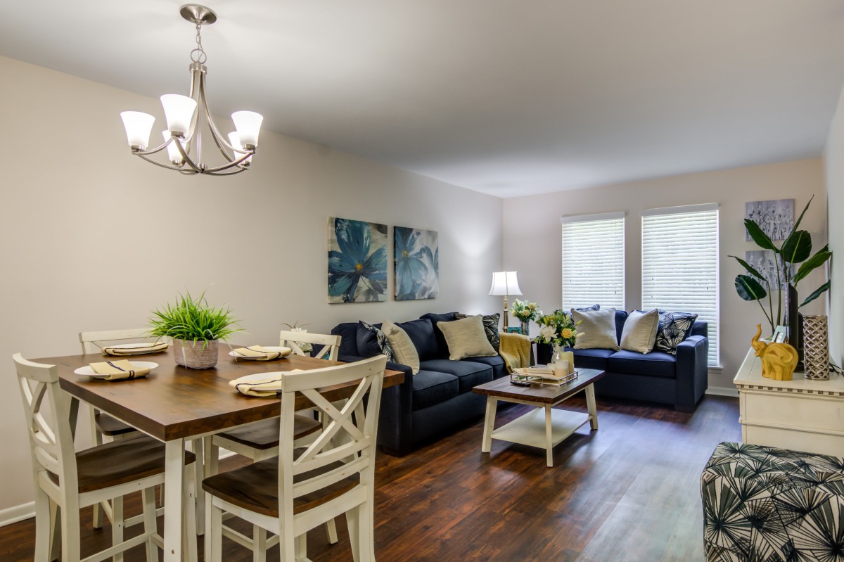A modern open-concept living and dining area with stylish furniture and decor.