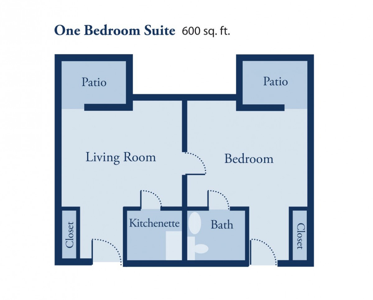 Floor plan of a one-bedroom suite with a patio, living room, kitchenette, and bathroom.