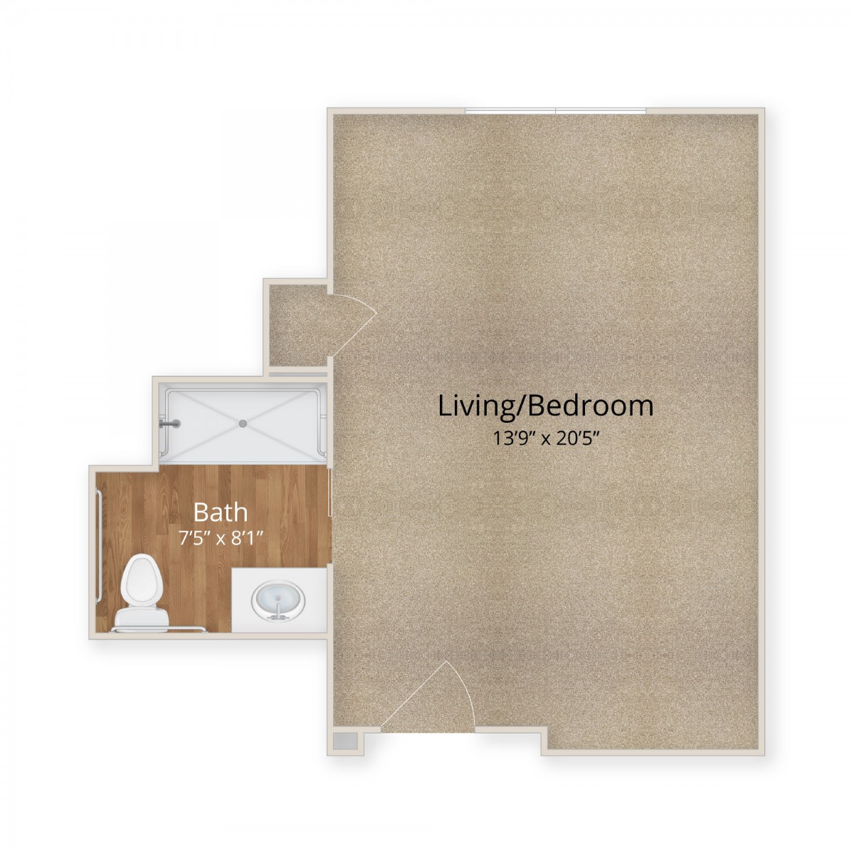 Floor plan of a studio apartment with designated living/bedroom and bath areas.