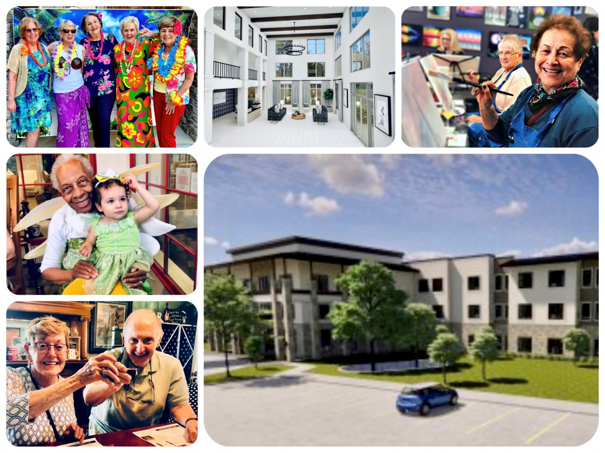 A vibrant senior living community showcasing activities, modern architecture, and joyful residents.
