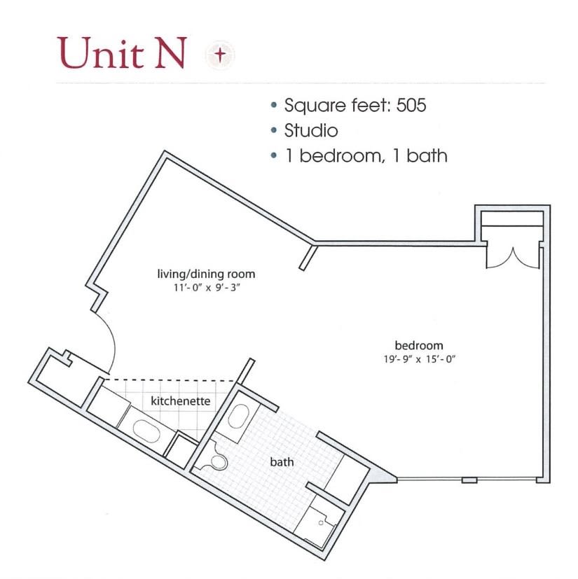 Floor plan of Unit N, a 325 square foot studio apartment with 1 bedroom and 1 bath.
