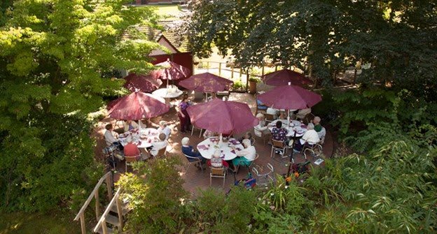 Outdoor dining area with tables and umbrellas surrounded by greenery.