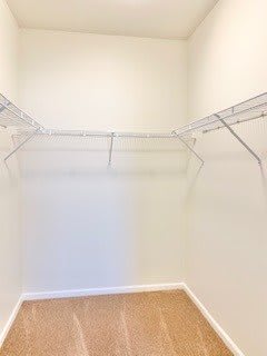 An empty walk-in closet with wire shelving.