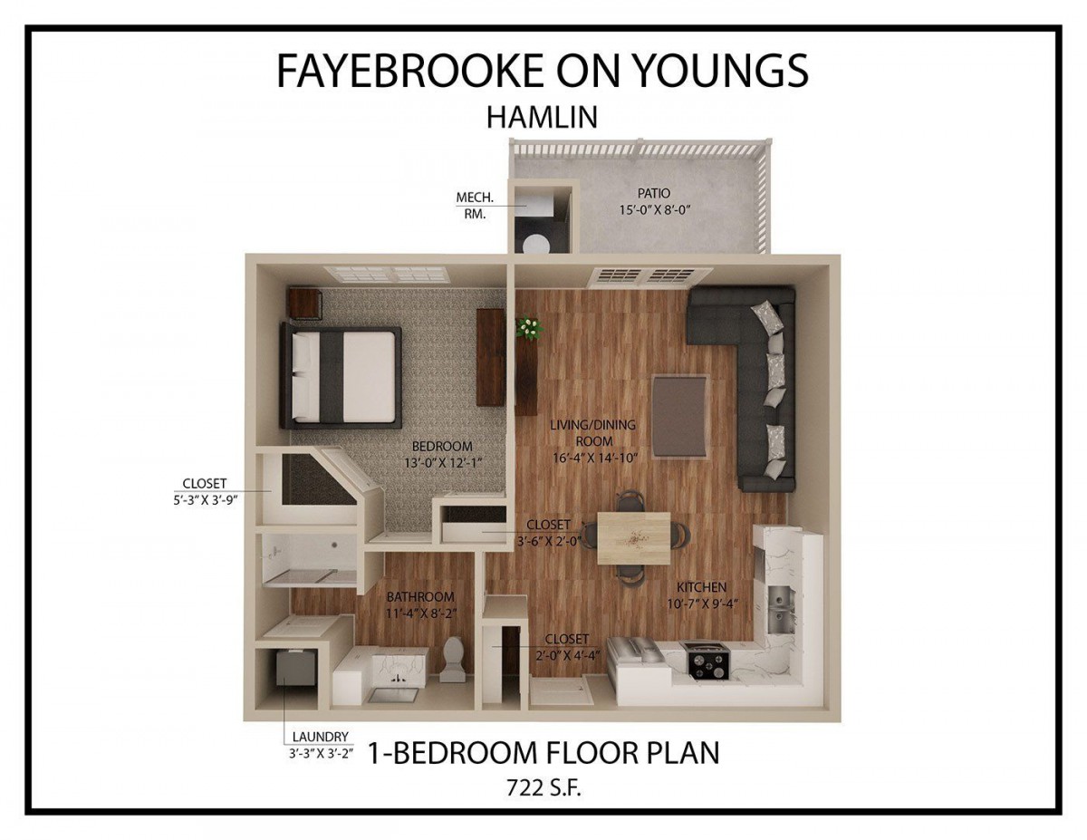One-bedroom apartment floor plan for Fayebrooke on Youngs, featuring a modern layout.