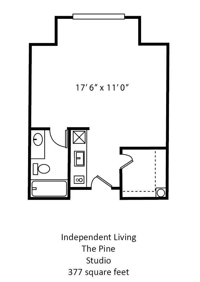 Studio apartment floor plan for independent living.