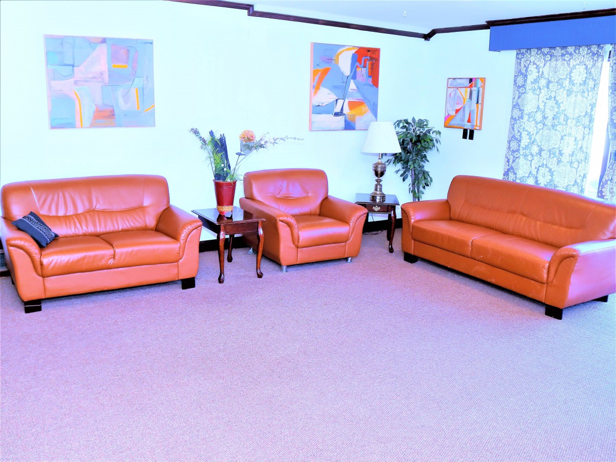 A bright living room with leather sofas, colorful artwork, and potted plants.