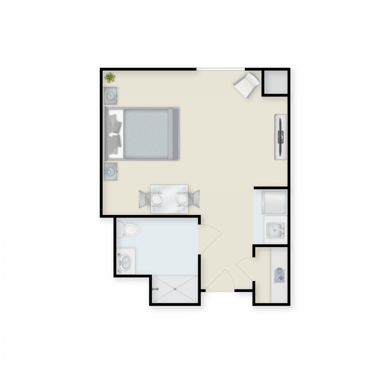 A simple floor plan featuring a single bedroom, living area, kitchen, and bathroom.