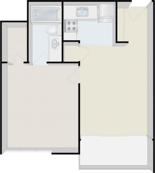 A floor plan of a one-bedroom apartment featuring a kitchen, bathroom, and living area.