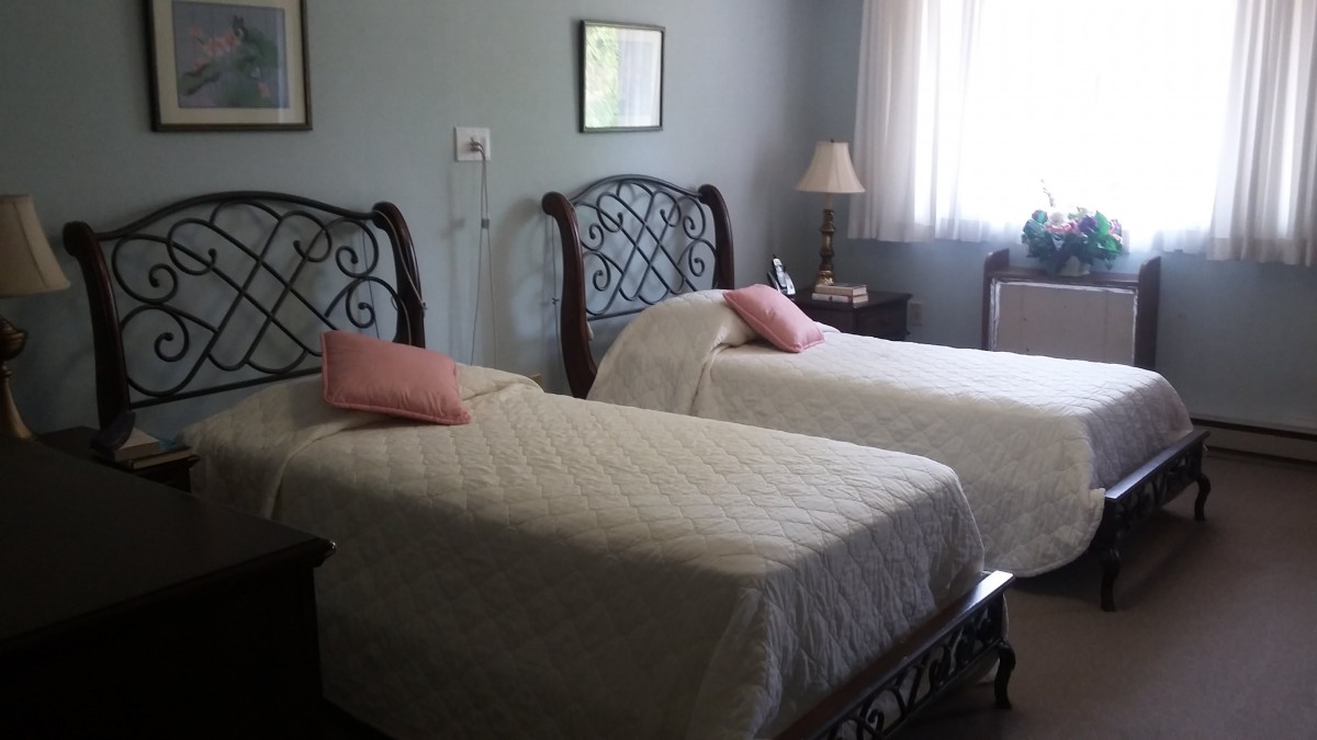 A cozy bedroom with two twin beds, decorated with pink pillows and a bedside lamp.