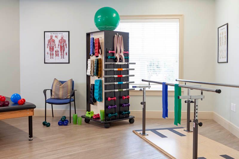 A well-equipped physical therapy room with various exercise equipment, including a yoga ball, dumbbells, and resistance bands.