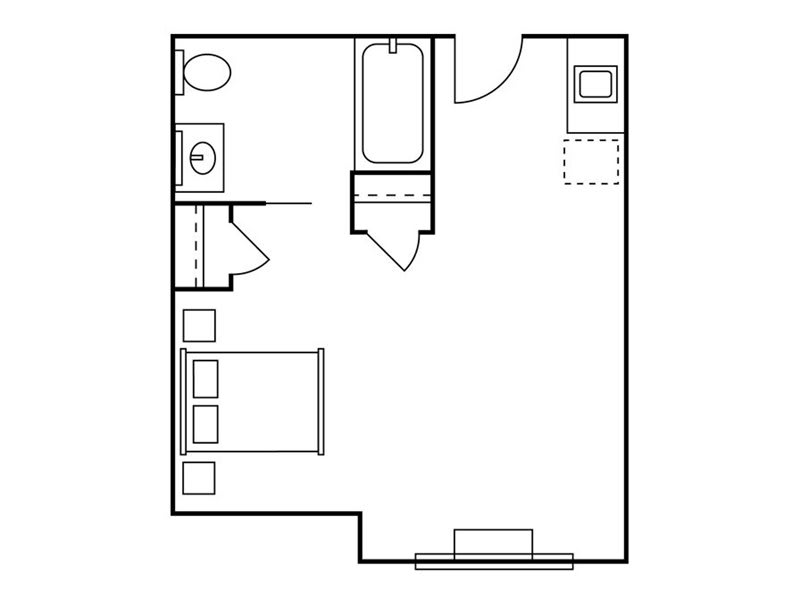 A floor plan of a studio apartment featuring a living area, kitchenette, and bathroom.