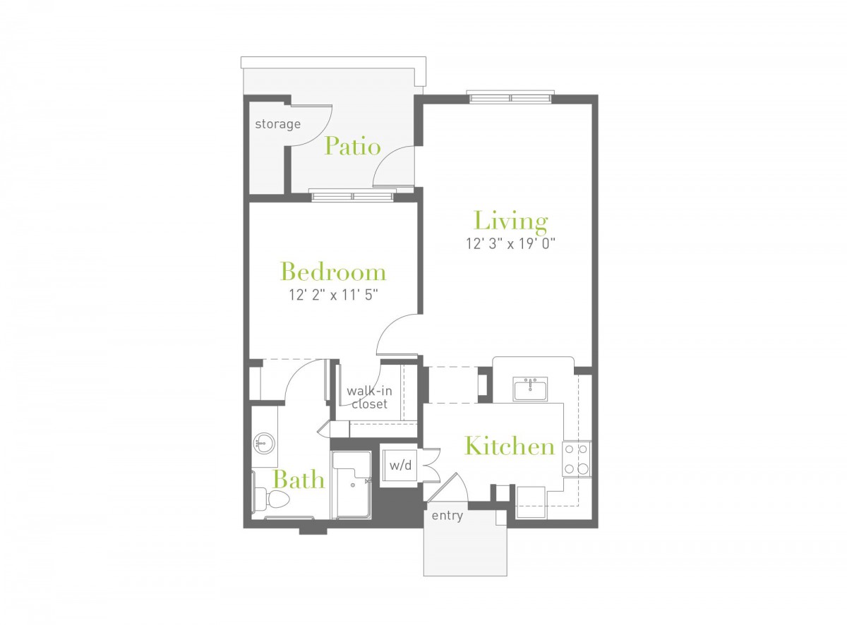 A floor plan featuring a one-bedroom apartment layout with designated areas for living, kitchen, bedroom, and bath.
