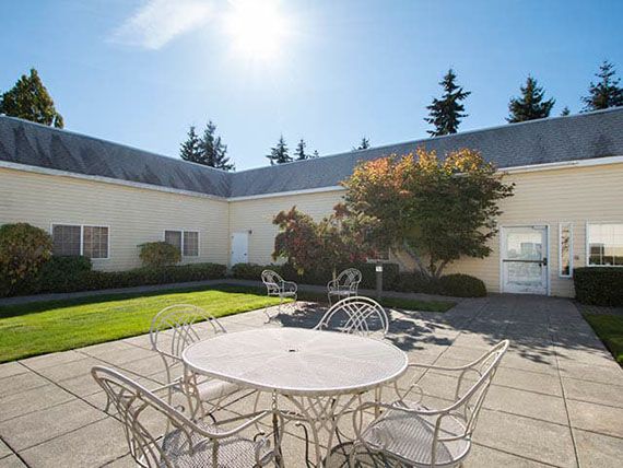 A sunny courtyard with outdoor seating and landscaped greenery.