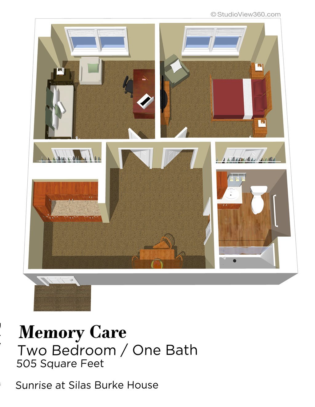 Floor plan for a memory care unit with two bedrooms and one bathroom.