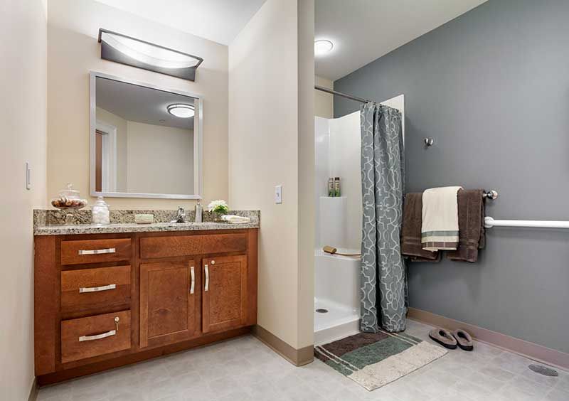 A modern bathroom with a wooden cabinet, mirror, and shower area.
