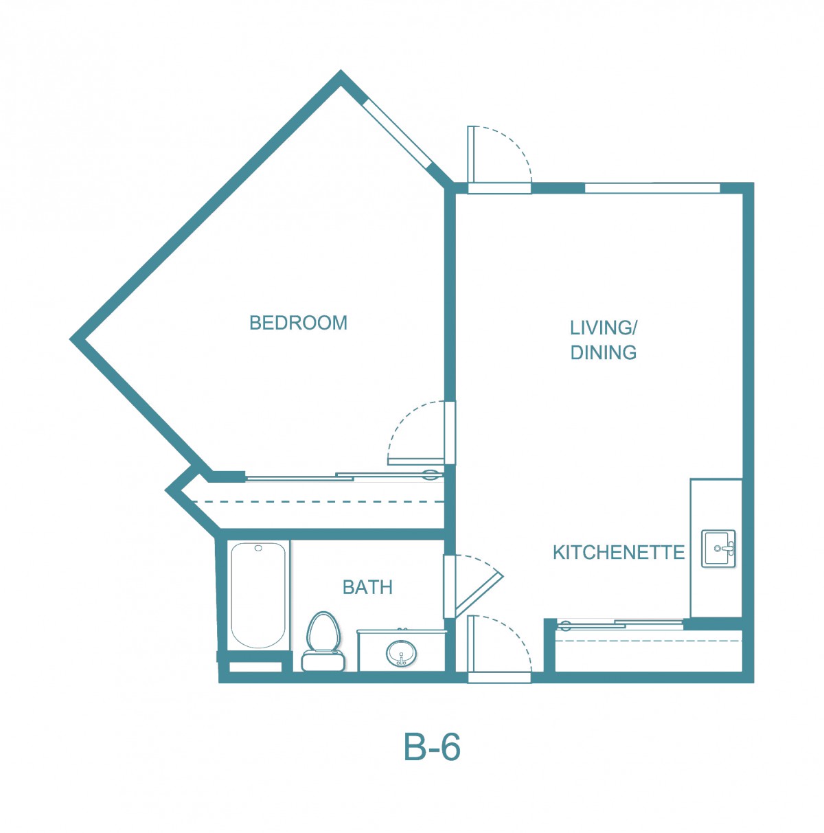 Floor plan of a one-bedroom apartment with a living room, kitchen, and bathroom.