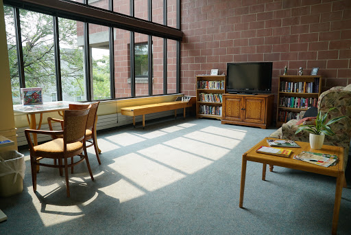 A bright and inviting living room with large windows allowing natural light to fill the space, featuring a collection of furniture including a bookshelf and a television.