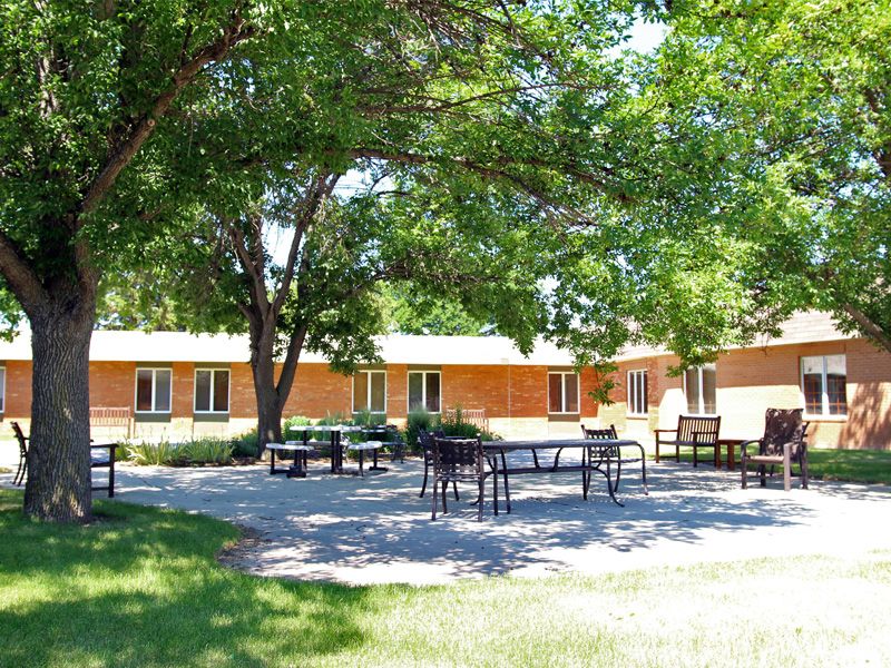A serene outdoor patio area with tables and chairs, surrounded by trees and buildings.