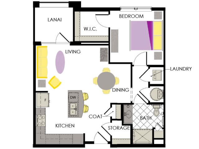 A floor plan of a one-bedroom apartment featuring a living room, kitchen, bathroom, walk-in closet, and lanai.