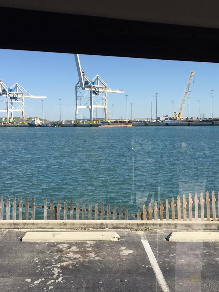 A view of a harbor with cranes and a calm body of water under a clear blue sky.