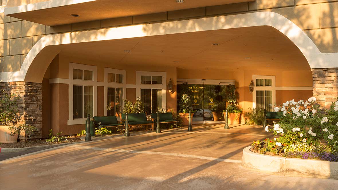 The entrance of a hotel with large windows and greenery.