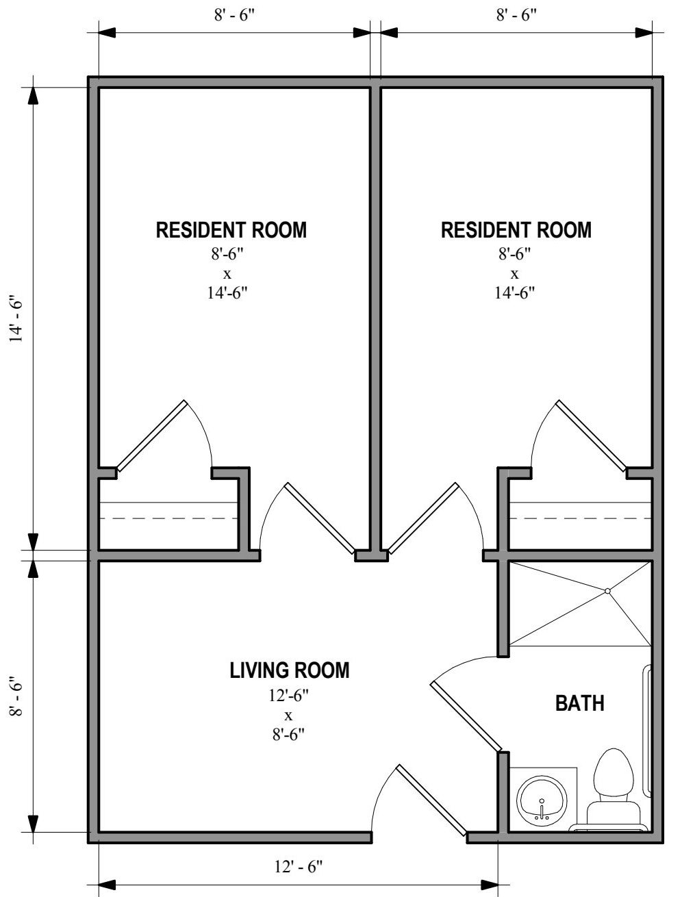 A residential floor plan featuring a living room, two resident rooms, and a bathroom.