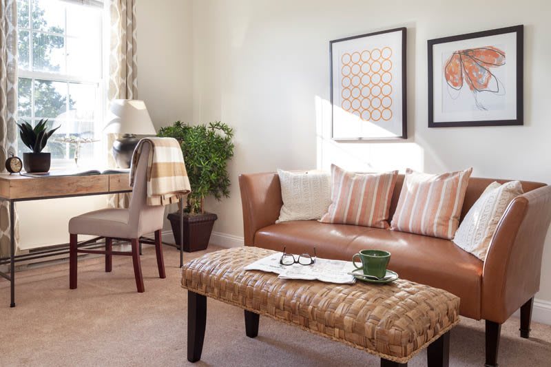 A cozy and well-lit living room with a stylish sofa, coffee table, and decorative elements.