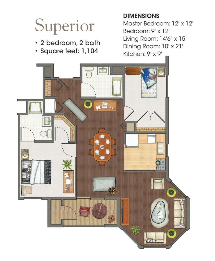 Floor plan of a superior apartment with 2 bedrooms, 2 baths, and an open living and dining area.