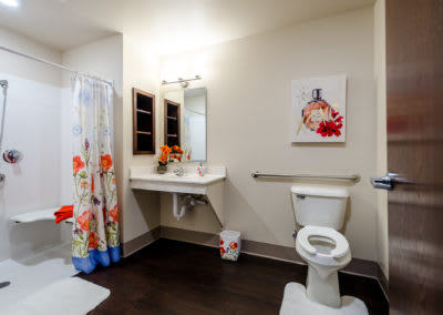 A well-decorated bathroom with a toilet, sink, and colorful shower curtain.