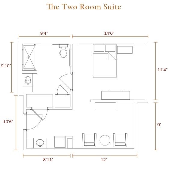 Detailed floor plan of a tiny house, showing room dimensions and layout.