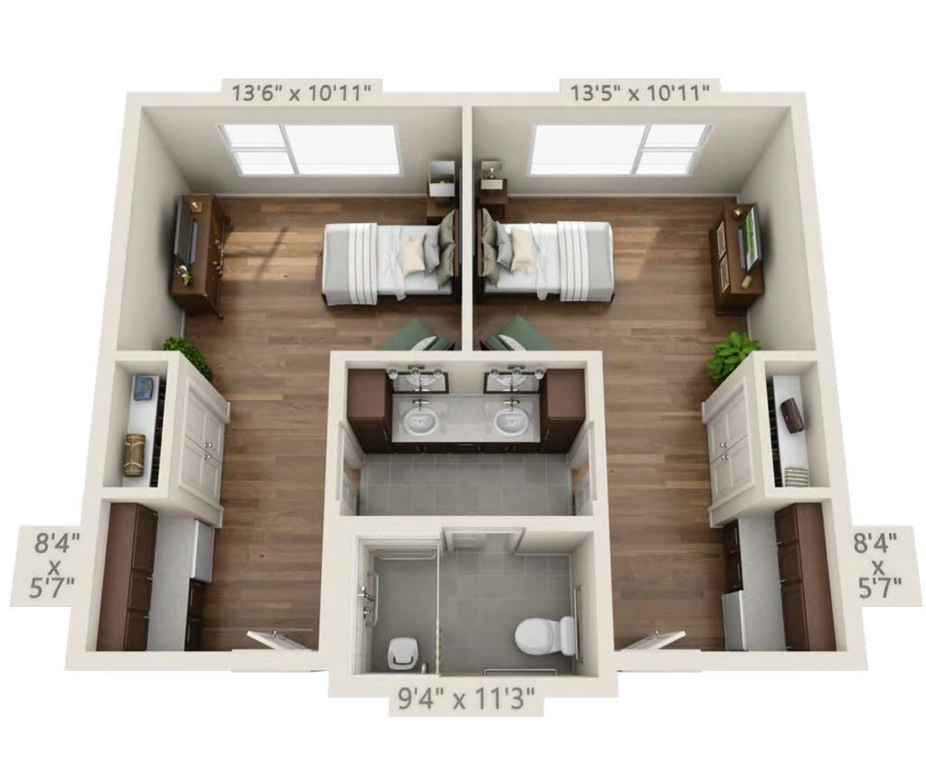 A top-view floor plan of a two-bedroom apartment with shared bathroom and living spaces.