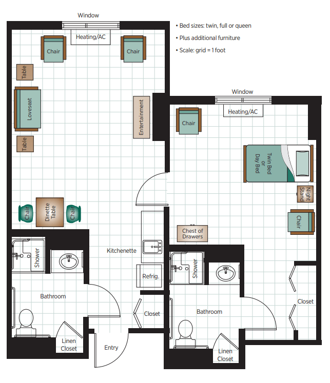 Two-bedroom apartment floor plan with living room, kitchen, and bathroom.