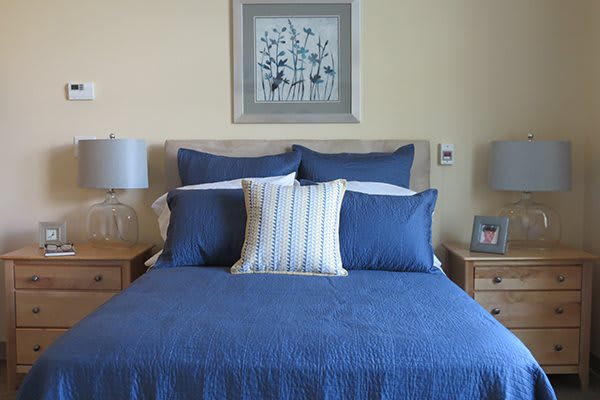 A neatly made bed with blue bedding and decorative pillows, accompanied by bedside tables, lamps, and framed artwork above the headboard.