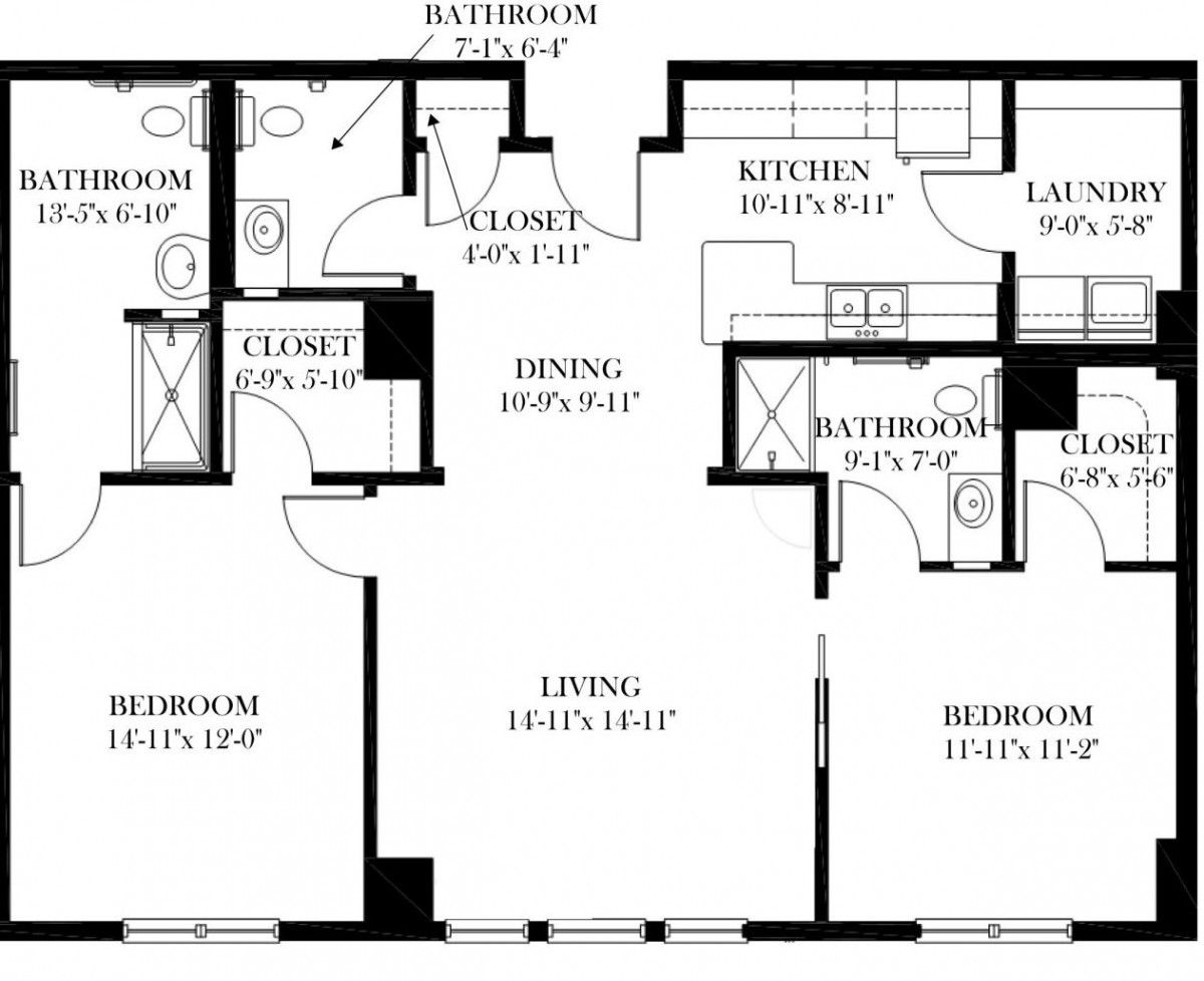 A detailed floor plan of a multi-bedroom apartment with labeled rooms and dimensions.